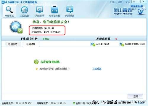 图4 金山毒霸扫描时间和扫描文件数检测结果