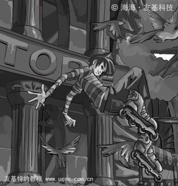 图12：photoshop鼠绘出城市小巷中欢跳的少年