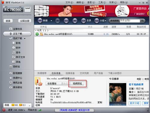 图1 FlashGet 3.1主界面上的视频预览按钮