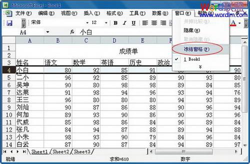 图：Excel固定表头步骤 三